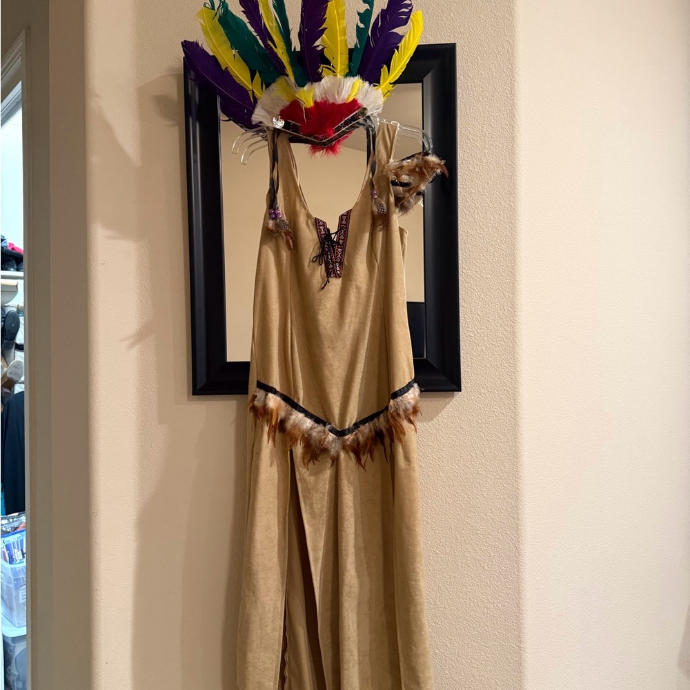 Tan Dress with Feather Headdress Indian costume